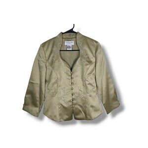 JR Nites By Caliendo Womens Beaded Satin Embroidered Blazer Jacket Size 8 Green